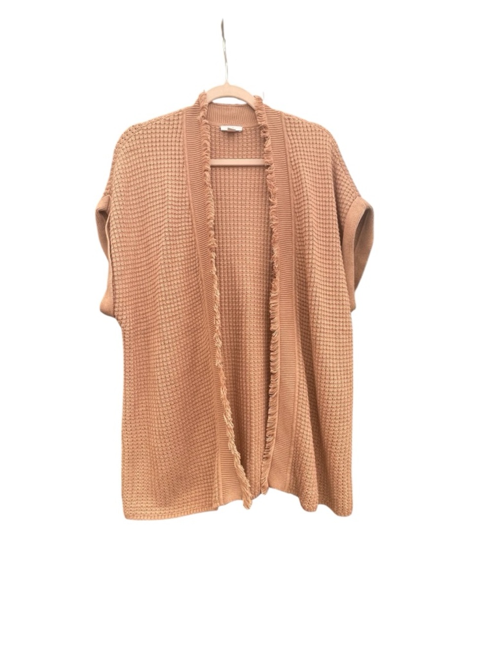 J. Jill Brown Fringe-Trim Waffle Knit Sleeveless Open Front Cotton Cardigan Sz M